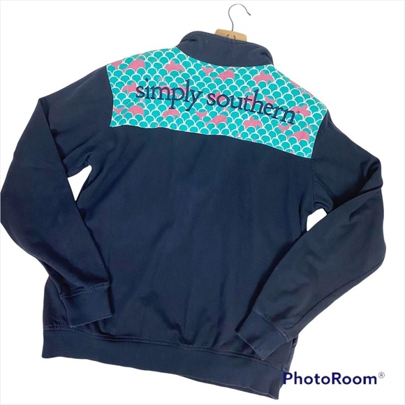 SIMPLY SOUTHERN Navy Blue Quarter Zip Contrast Fish Scale Elbow Patch Pullover - Picture 2 of 12